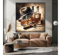 Lienzo clásico de decantador de whisky y vasos, arte vintage de puros y sombreros de fieltro, arte de pared con escena de bar rústico, decoración de bar para el hogar (55 x 55 cm/marco interior)