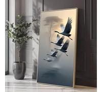 Lienzo con bandada de grullas en vuelo, arte mural de aves en una mañana brumosa, pintura de naturaleza y vida silvestre, decoración de paisajes, pósteres e impresiones (80x150cm/marco interior)