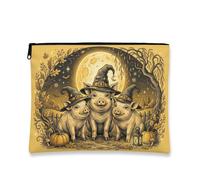 Lienzo con cremallera, diseño de cerdos, sombreros de bruja de dibujos animados, luna, Halloween, amarillo, portátil, con cremallera, bolsa de aseo pequeña para viajes, baño, organizador de tocador y