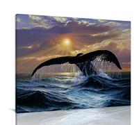Lienzo con diseño de cola de ballena jorobada al amanecer, arte abstracto moderno para pared, póster e impresiones de ballena y océano, decoración de pared enmarcada, decoración del hogar, oficina,