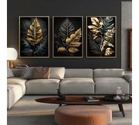 Lienzo con diseño de hojas negras y doradas, arte de pared, pósteres murales de lujo modernos, impresiones para sala de estar, decoración del hogar (40 x 60 cm x 3, sin marco)