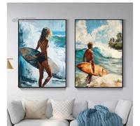 Lienzo con diseño de surfista caminando con tabla, póster de chica surfeando, arte de pared, decoración del hogar, 30 x 45 cm, 2 piezas sin marco