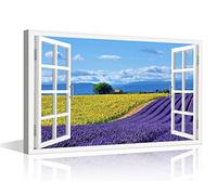 Lienzo con efecto de ventana 3D con vista de flores de lavanda, arte provenzal, arte moderno, rústico, escénico, listos para colgar, 24 pulgadas de anchox16 pulgadas de alto