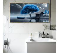 Lienzo con escena nocturna iluminada por la luna y árbol de la vida azul,arte de pared,paisaje de granja moderno,decoración de pared para dormitorio (30 x 60 cm (12 x 24 pulgadas) con marco dorado)