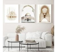 Lienzo con estampado artístico islámico de una mezquita beige con peonías del desierto y un arco marroquí, ideal para la decoración del hogar en la sala de estar (60x90cm - 3 piezas).