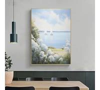 Lienzo con estampado de velero en un lago, arte mural floral costero con paisaje marino, pintura de paisaje en tonos pastel claros para decoración del hogar (40x60cm/sin marco)