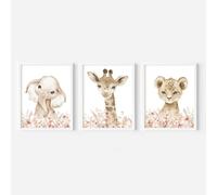 Lienzo con estampado nórdico de elefante, jirafa y gato con flores rosas. Póster decorativo de animales para sala de estar moderna, guardería o hogar (40x60cmx3/Sin marco).