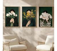 Lienzo con figuras abstractas verdes y una mujer con flores, estilo minimalista japonés, retrato femenino, póster artístico para decoración de sala de estar moderna (20x60cm/Sin marco)