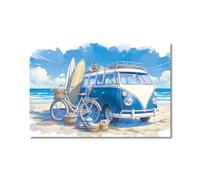 Lienzo con impresiones abstractas de dibujos animados de una caravana o bicicleta, con cielo azul de verano, para pared, para sala de estar, decoración del hogar, 60x80cm (24x31in), sin marco.