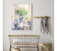 Lienzo con impresiones de jarrón chino azul y blanco, acuarela botánica, porcelana oriental, arte de pared, póster para sala de estar, decoración del hogar, 60 x 80 cm, sin marco