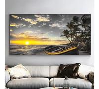Lienzo con impresiones en blanco y negro de atardecer en la playa, pintura artística, paisaje marino natural, barco, árbol, decoración de pared, póster para sala de estar (65 x 130 cm/sin marco)