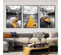 Lienzo con paisaje de barco amarillo en el lago, impresiones en oro, puente de madera, montaña, arte abstracto para pared, decoración del hogar, 60 x 80 cm x 3, sin marco