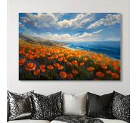 Lienzo con paisaje de campo naranja vibrante, arte de pared con vista al mar, impresión de naturaleza costera para de sala de estar y dormitorio. 90x155cm(35x61 pulgadas), con marco dorado.