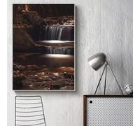 Lienzo con paisaje de cascada, impresión de bosque, roca, naturaleza, serenidad, arte de pared con luz solar, paisaje tranquilo, póster, decoración zen, 60 x 80 cm, sin marco