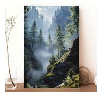 Lienzo con paisaje de montaña y bosque brumoso arte de pared con escena natural de pino tranquilo impresión para sala de estar oficina decoración 50 x 70 cm sin marco