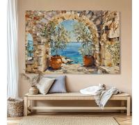 Lienzo con paisaje marino mediterráneo. Decoración de pared de la costa griega. Pósters de olivos. Obra de arte para casa de playa, decoración del hogar (70x100cm/marco interno).