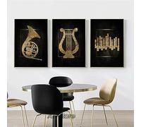 Lienzo con símbolo musical dorado y negro, pósteres e impresiones de instrumentos musicales, arte de pared, decoración del hogar (60 x 90 cm, 3 unidades)
