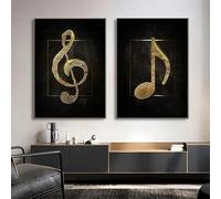 Lienzo con símbolo musical dorado y negro, pósteres e impresiones de instrumentos musicales, arte de pared, decoración del hogar (60 x 80 cm, 2 unidades)