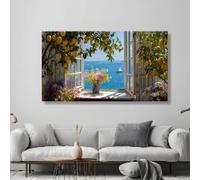 Lienzo con vista al mar Mediterráneo, arte de pared con ventana abierta, limonero y jarrón de flores, decoración para el hogar, impresión en lienzo de naturaleza (90x180cm/sin marco)
