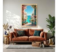 Lienzo con vista al mar Mediterráneo, paisaje de pueblo costero, decoración floral para balcón, decoración para sala de estar (70x100cm/sin marco)