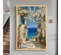 Lienzo con vista al mar Mediterráneo, pueblo costero, puerta azul, arte de pared en lienzo, decoración para sala de estar (50x70cm/sin marco)