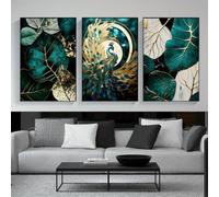 Lienzo creativo, Póster con hojas de plantas verdes y doradas y un pavo real, Conjunto de arte mural nórdico impreso en lienzo, Obra de arte para pared (60x80cmx3 /Sin marco)