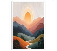 Lienzo de Amanecer sobre las montañas Naranja Póster Estético Estilo dibujado a mano para Cuadros Decorativos Salon Dormitorio Comedor Pasillo Oficina Decoracion Pared 90Lx60W cm Sin Marco