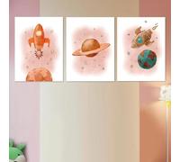 Lienzo de aventura espacial: impresiones vibrantes de cohetes y planetas en acuarela, obra de arte en tonos pastel neutros para sala de estar (20 x 30 cm, sin marco)