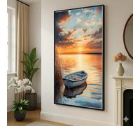 Lienzo de barco de remos al atardecer, arte mural con vistas al lago, pintura de paisaje natural sereno, impresión decorativa para el hogar con atardecer junto al lago (55 x 100 cm/sin marco)