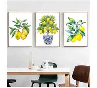 Lienzo de bonsái con diseño de sauce azul y blanco, póster de limón, decoración de cocina, macetero con estampado de limón, decoración de oficina, 30 x 50 cm, 3 unidades, sin marco