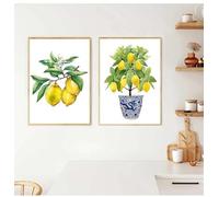 Lienzo de bonsái estilo sauce azul y blanco, póster de limón, decoración de cocina, macetero con estampado de limón, decoración de oficina, 40 x 55 cm, 2 unidades, sin marco