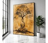 Lienzo de Buda meditando sobre el árbol, arte mural zen, decoración espiritual para el hogar, obra de mindfulness, impresión de silueta de Buda (60 x 90 cm/sin marco)