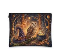Lienzo de búho con cremallera, sombrero de mago mágico caldero de Halloween, lona azul con cremallera, bolsas de maquillaje para mujer, para viajes, tocador, almacenamiento de baño y organizador de