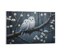 Lienzo de búhos de árbol vintage para pared, impresión artística de animales, flores blancas, pájaros, pintura artística, póster enmarcado para el hogar, dormitorio, sala de estar, oficina, decoración