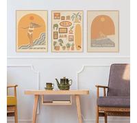 Lienzo de chica surfista cazadora de olas, atardecer, casa de playa, plantas costeras, impresiones, carteles de cabañas de surf, decoración artística para el hogar (20x30 cm/marco interior)