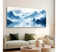 Lienzo de estilo americano moderno con impresión artística, pintura tradicional china con tinta, paisaje, imágenes de pared para decoración de sala de estar (75 x 150 cm/30 x 59 pulgadas)