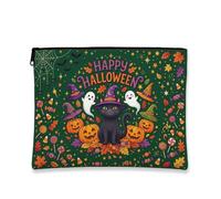 Lienzo de gato con cremallera, calabazas festivas fantasma, Halloween, lona verde con cremallera, bolsa de viaje para viajes, bolso, baño, tocador y almacenamiento diario, Verde, 7x9 Inch, Caprichoso