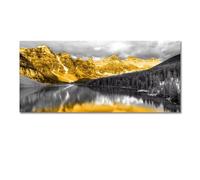 Lienzo de gran tamaño con montañas doradas y lago negro, cuadros de paisajes modernos para sala de estar, impresiones artísticas de pared, póster decorativo, 20 x 40 cm (8 x 16 pulgadas) con marco