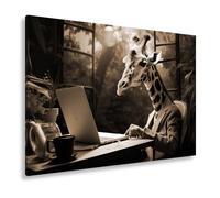 Lienzo de jirafa en traje trabaja concentrado en un ordenador portátil en formato verde: 100 x 70 cm, efecto: sepia XXL, impresión artística sobre bastidor/mural/decoración del salón