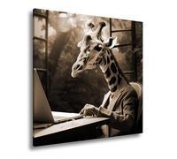 Lienzo de jirafa en traje trabaja concentrado en un ordenador portátil en formato verde, 70 x 70 cm, efecto: sepia XXL, impresión artística sobre bastidor/mural/decoración del salón