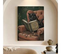 Lienzo de lectura de gato, impresión de póster de estilo vintage verde y marrón, arte de pared elegante para decoración del hogar para sala de estar, dormitorio, oficina, lienzo envuelto de 12 x 16