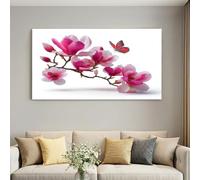 Lienzo de magnolia botánica blanca de 140 x 70 cm, decoración de pared con | Lienzo decorativo con diseño de insectos y flores delicadas sin marco para decoración de sala de estar, dormitorio, oficina