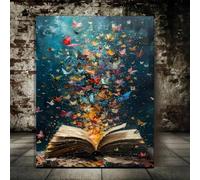 Lienzo de mariposas sobre libro abierto, decoración de pared de arte abstracto, impresión de concepto de lectura contemporánea, decoración del hogar y la oficina, 70x90cm (28x35in), sin marco