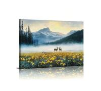 Lienzo de montaña majestuosa arte de pared bosque brumoso valle impresión campo de flores amarillo dorado ciervo tranquilo decoración para sala de estar marco de 80 x 120 cm