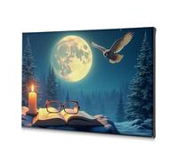 Lienzo, decoración de estantería con diseño de noche mágica: luz de luna, vela y búho, lienzo decorativo, decoración de granja, calcomanías de pared con flores (40 x 60 cm)