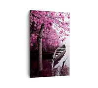Lienzo Decorativo 80x120 cm Moderno Vertical Botánica Paisajes - 4147 | Lago Árboles Rosa Cuadro sobre Lienzo Grande Arte mural Decoración del Hogar Salón Dormitorio Cocina Cuadros de Pared