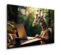 Lienzo decorativo con diseño de jirafa en traje que trabaja centrado en un ordenador portátil en formato verde, 60 x 40 cm, impresión artística XXL sobre bastidor/pared decoración del salón