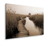 Lienzo decorativo con diseño de puente en juncos - El camino se retuerce hacia la luz. Formato: 120 x 80 cm. Efecto: sepia XXL, impresión artística sobre bastidor/mural/decoración de salón