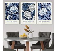 Lienzo decorativo con diseño floral azul y blanco de William Morris, diseño clásico británico con peonías retro (50 x 70 cm, 3 unidades)