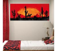Lienzo decorativo con estampado de vaquero al atardecer rojo - Decoración de pared del desierto occidental - Póster moderno de paisaje del suroeste (20x40cm/Marco interno)